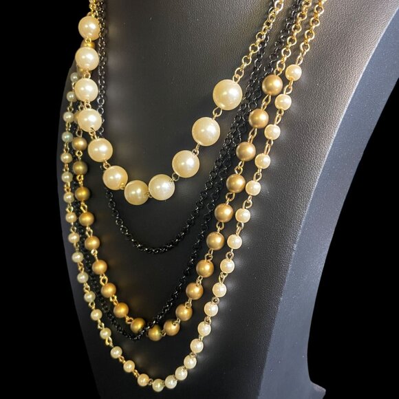 New York & Company Multi-Layer Faux Pearl & Chain Necklace Gold, Black, & Ivory - Picture 3 of 6